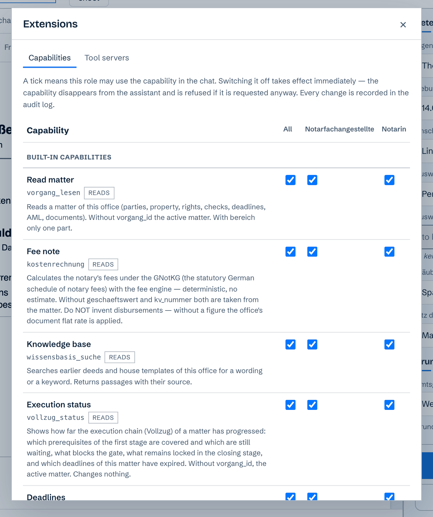 The Extensions overview: one row per capability, one column per role in the practice, with tick boxes to switch them on and off.